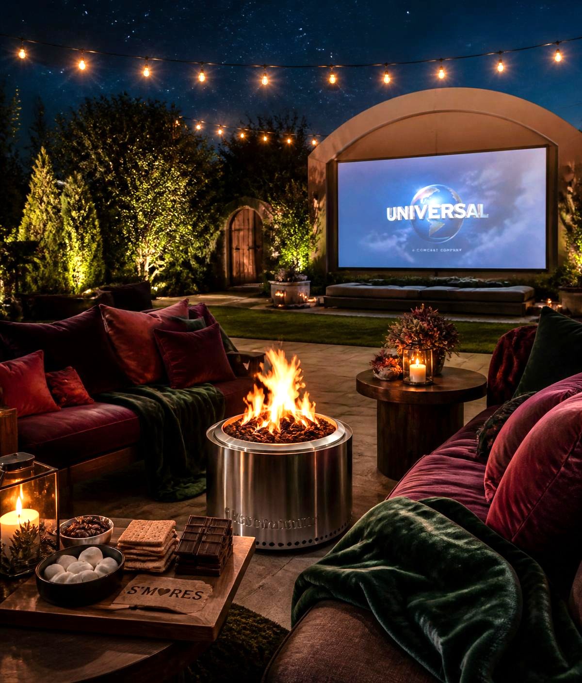 Luxury outdoor movie night with fire pit and s'mores